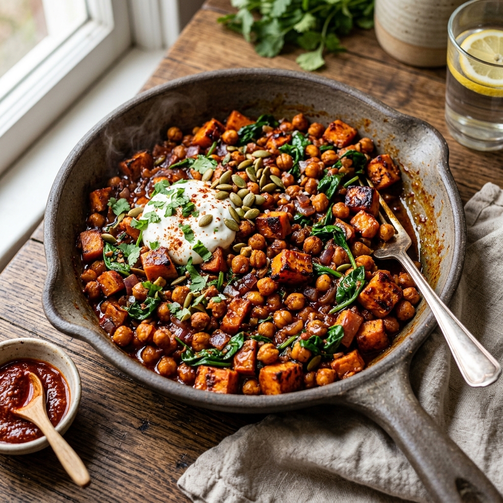 Harissa Chickpea Sweet Potato Skillet