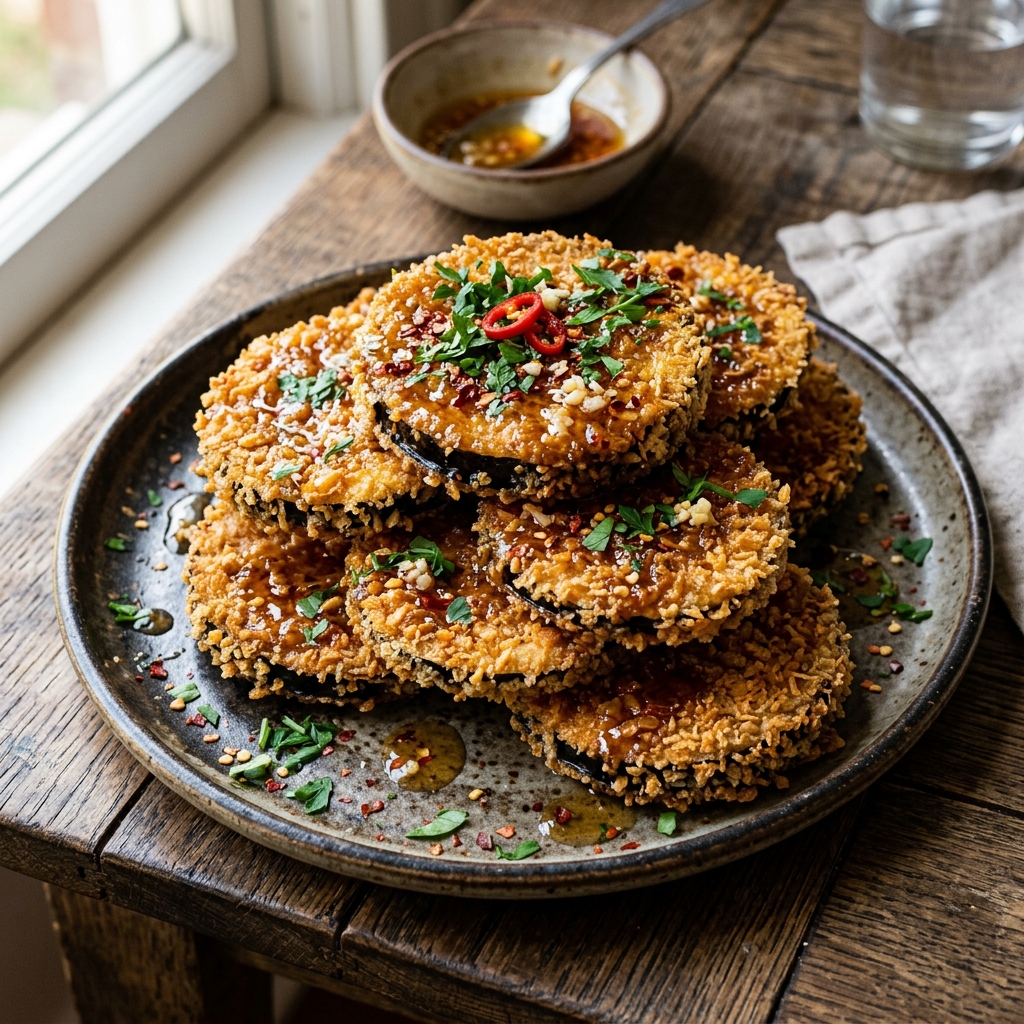 Hot Honey Fried Eggplant Slices