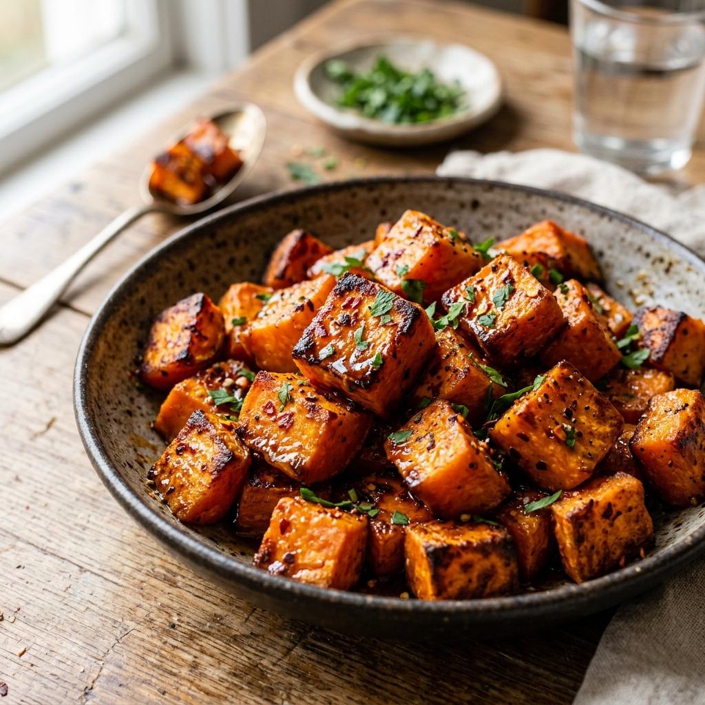 Spicy Maple Sweet Potato Cubes