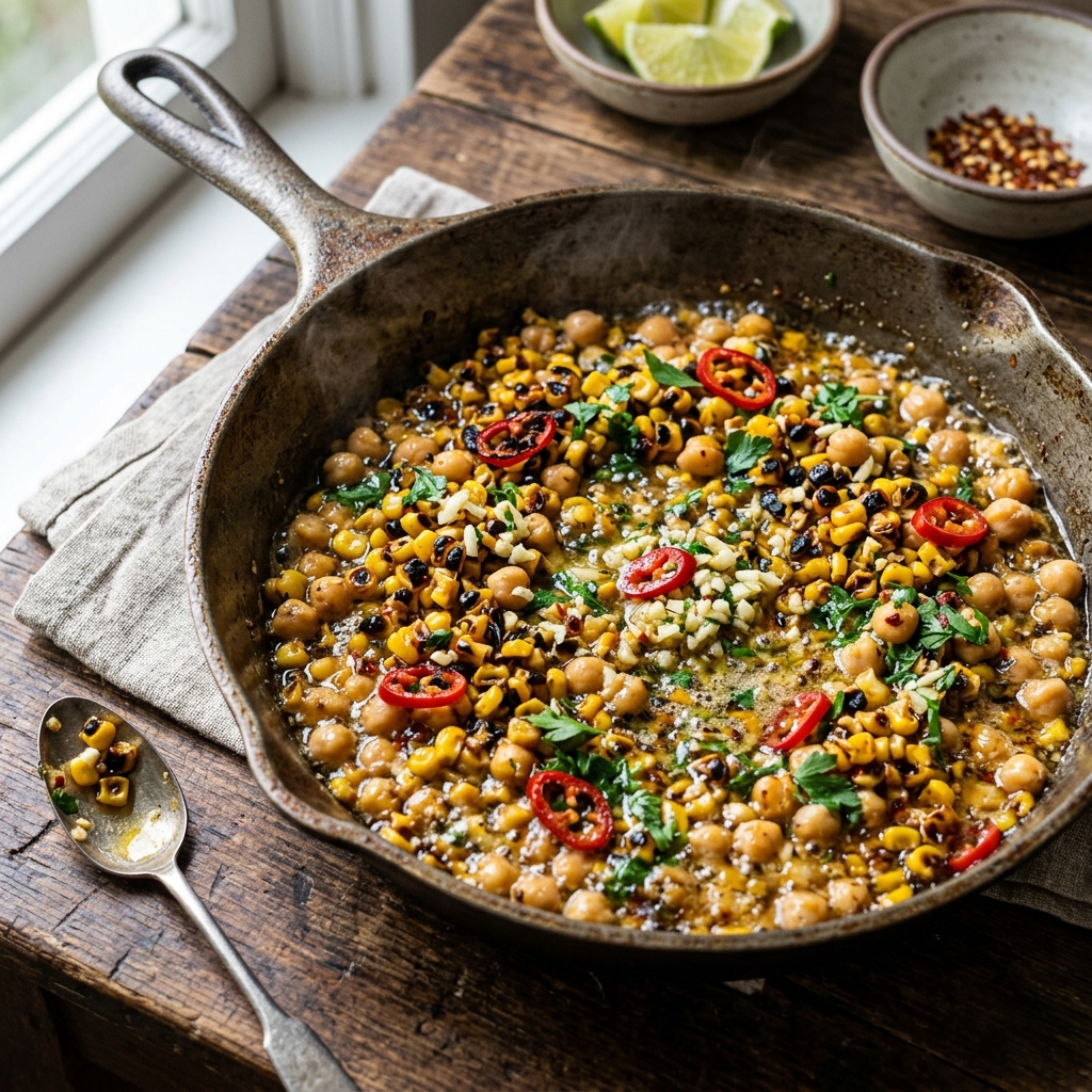 Spicy Garlic Butter Corn Chickpea Pan